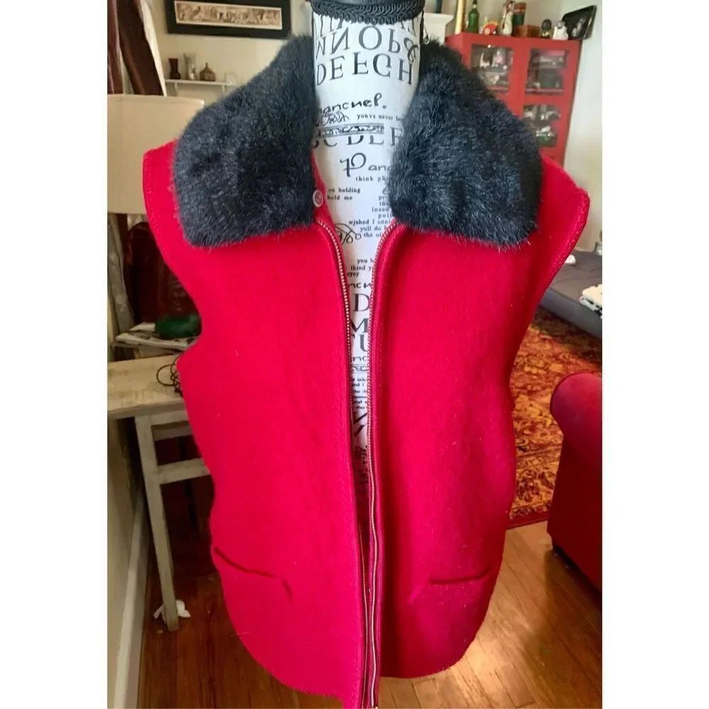 Lisa International, 100% boiled wool vest, in red with a black detachable collar